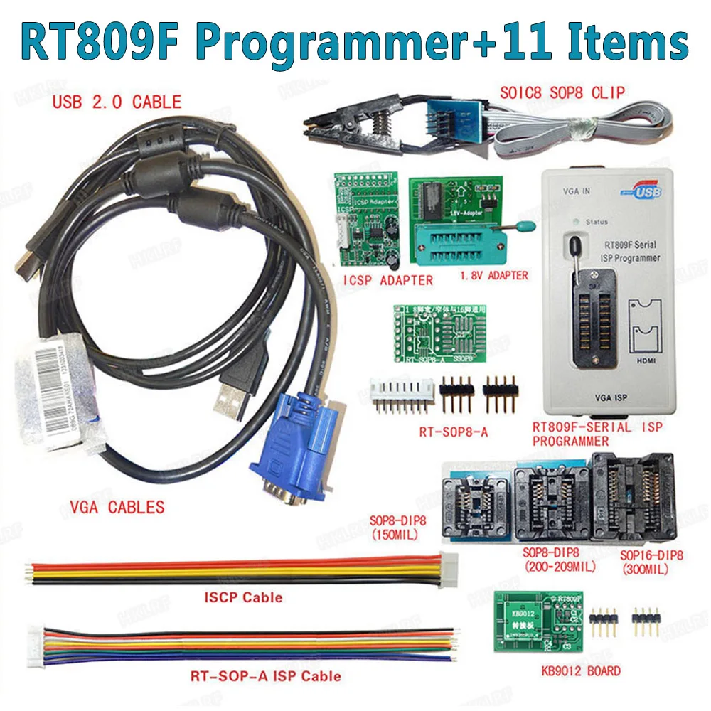 RT809F Serial ISP Programmer Tool +11 Items +1.8V Adapter +SOP8 Test Clip +ISP cable EPROM FLASH VGA ISP Free Shipping
RT809F Serial ISP Programmer Tool +11 Items +1.8V Adapter +SOP8 Test Clip +ISP cable EPROM FLASH VGA ISP Free Shipping