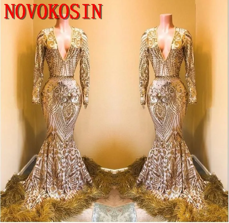 2019 Sparkly Sequined Gold Mermaid Prom Dress Long Sleeve Deep V Neck Evening Dress Feather Train African Black Girl Party Gown
2019 Sparkly Sequined Gold Mermaid Prom Dress Long Sleeve Deep V Neck Evening Dress Feather Train African Black Girl Party Gown