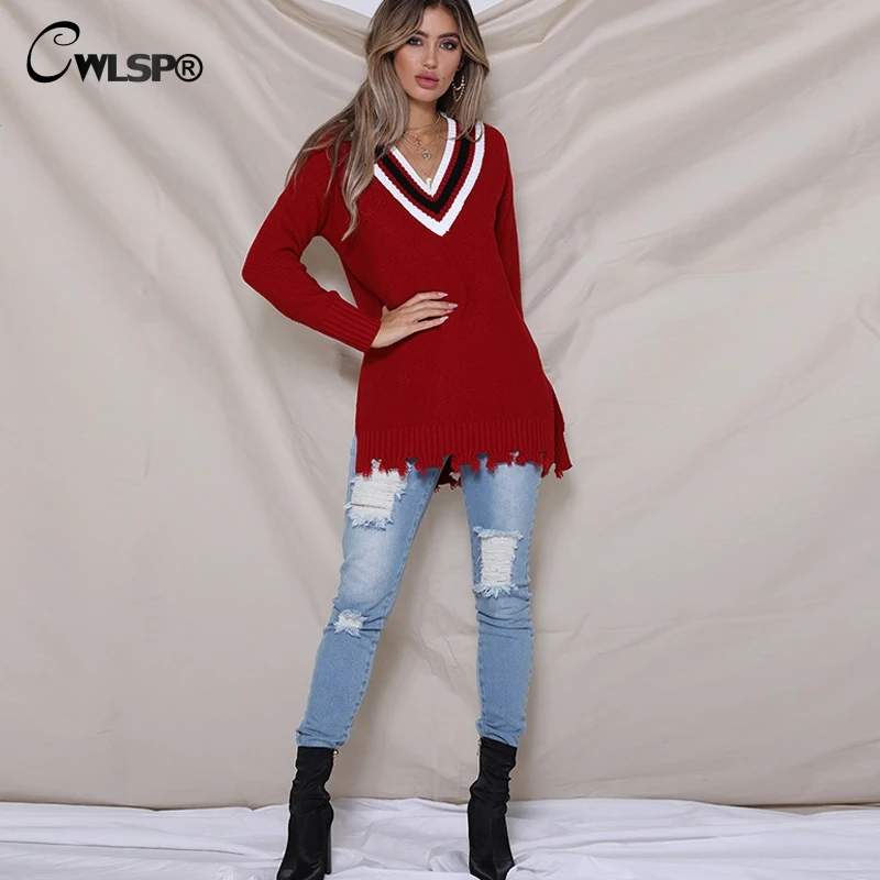 CWLSP Autumn Patchwork V neck Women Sweater Long Pullover with Hole knitted Side Split Tops Female Clothes jumper QL4240
CWLSP Autumn Patchwork V neck Women Sweater Long Pullover with Hole knitted Side Split Tops Female Clothes jumper QL4240