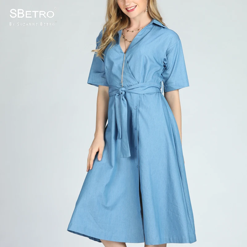 SBetro джинсовое голубое платье для женщин из шамбре длина до локтя рукав Fit &