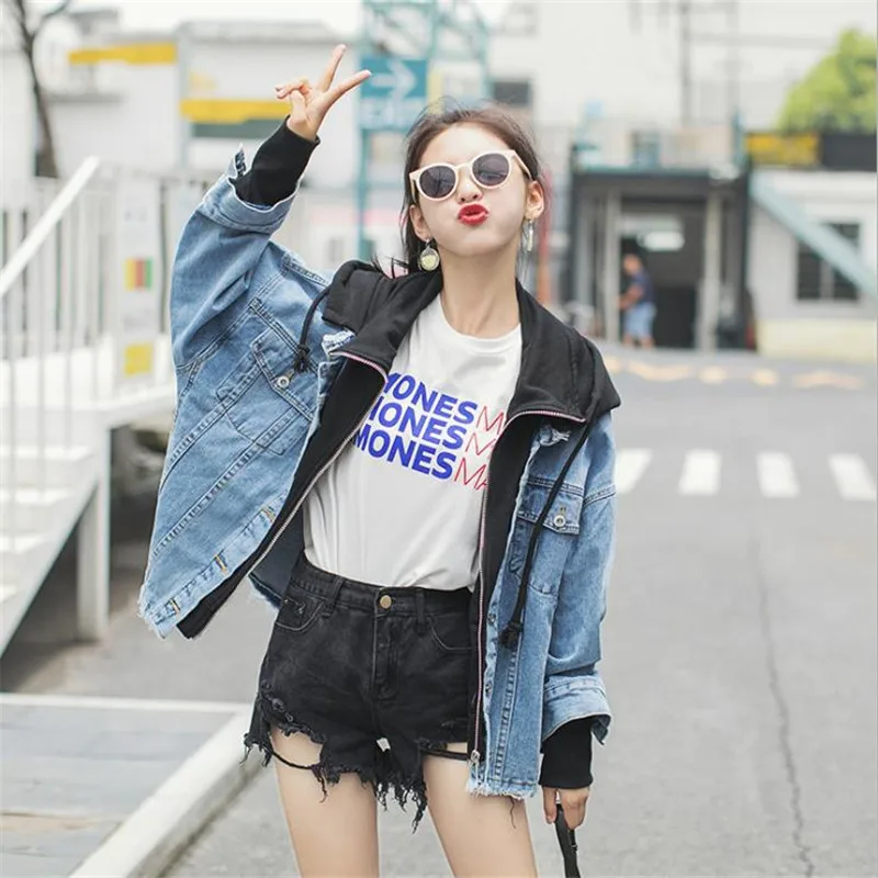 Womens Denim Jacket Hooded Oversized Blue Jeans Coat Women Loose Casual Hiphop Streetwear Patchwork Cotton Clothing D690 | Женская