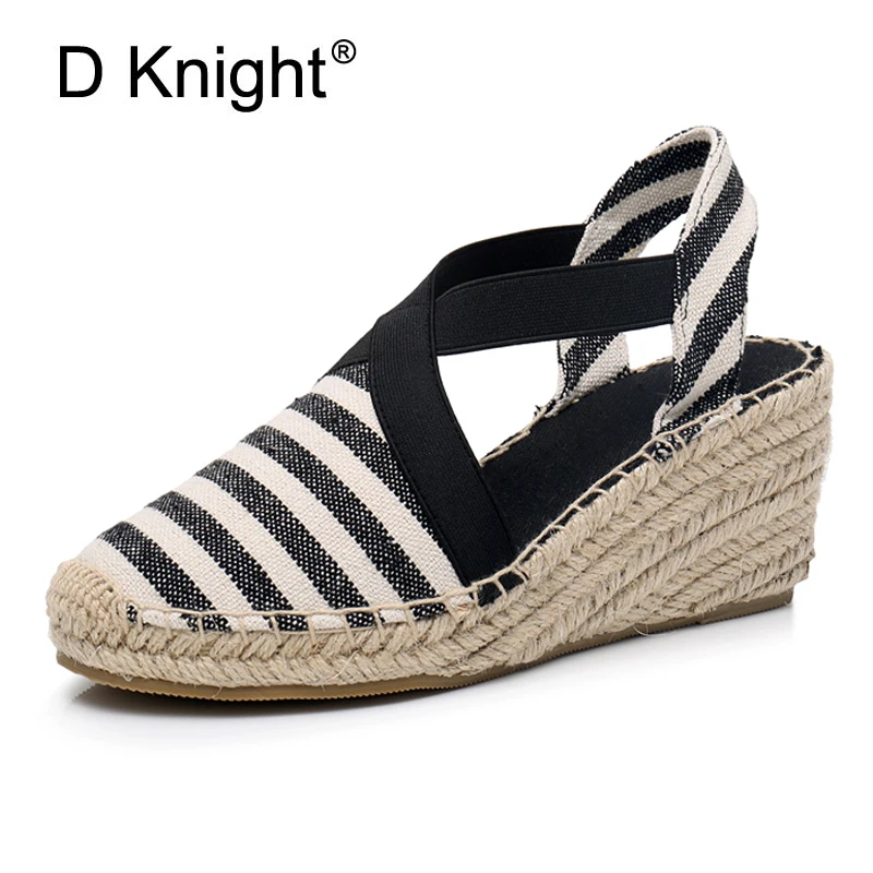 

Striped Women Espadrilles High Heel Fisherman Sandals Summer Rope Wedges Sandal Black Blue Red Canvas Beach Platform Shoes Women