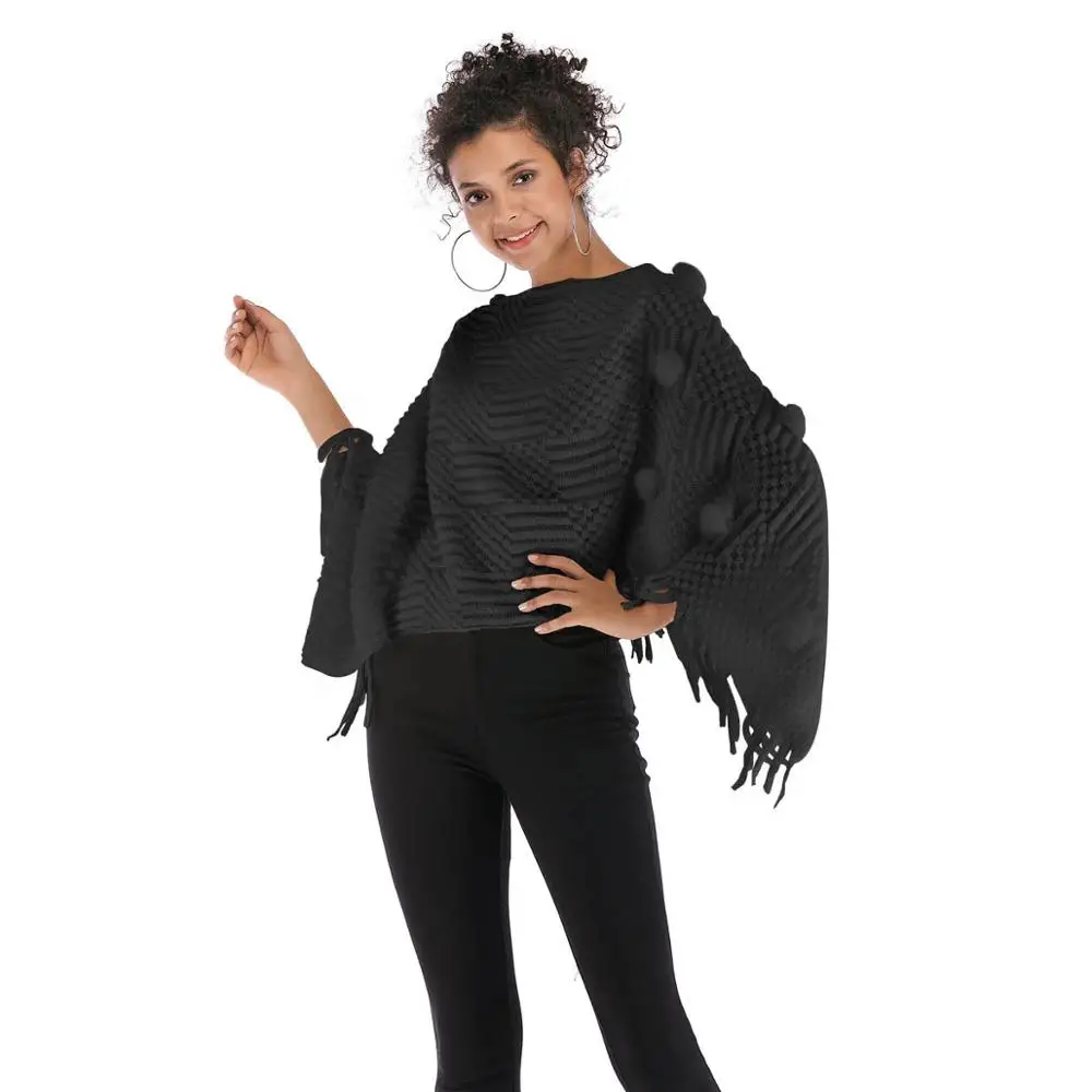 Women's V-Neck Fur Ball Shawl Cape Tassel Irregular Knitted Coat High Quality Free Size |