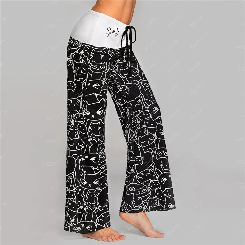 Autumn Women Black White Cat Print Wide Leg Pants Ladies High Waist Elegant Long Trousers | Женская одежда