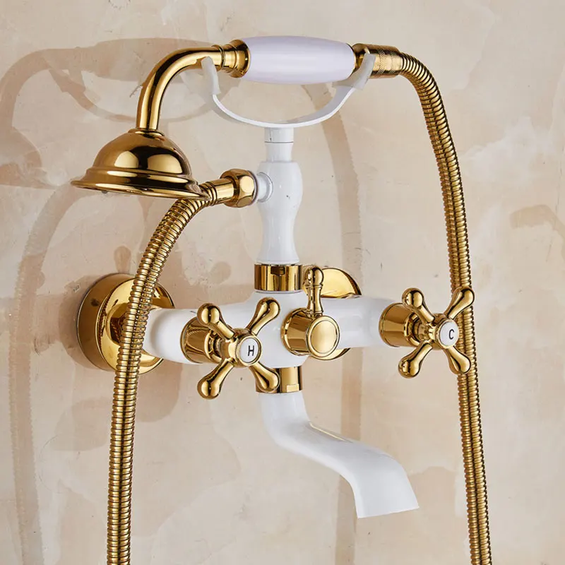 Gold and white bathroom faucet dual handles wall mounted telephone shape bathrub faucet brass mixer tap with hand shower 0119
Gold and white bathroom faucet dual handles wall mounted telephone shape bathrub faucet brass mixer tap with hand shower 0119
