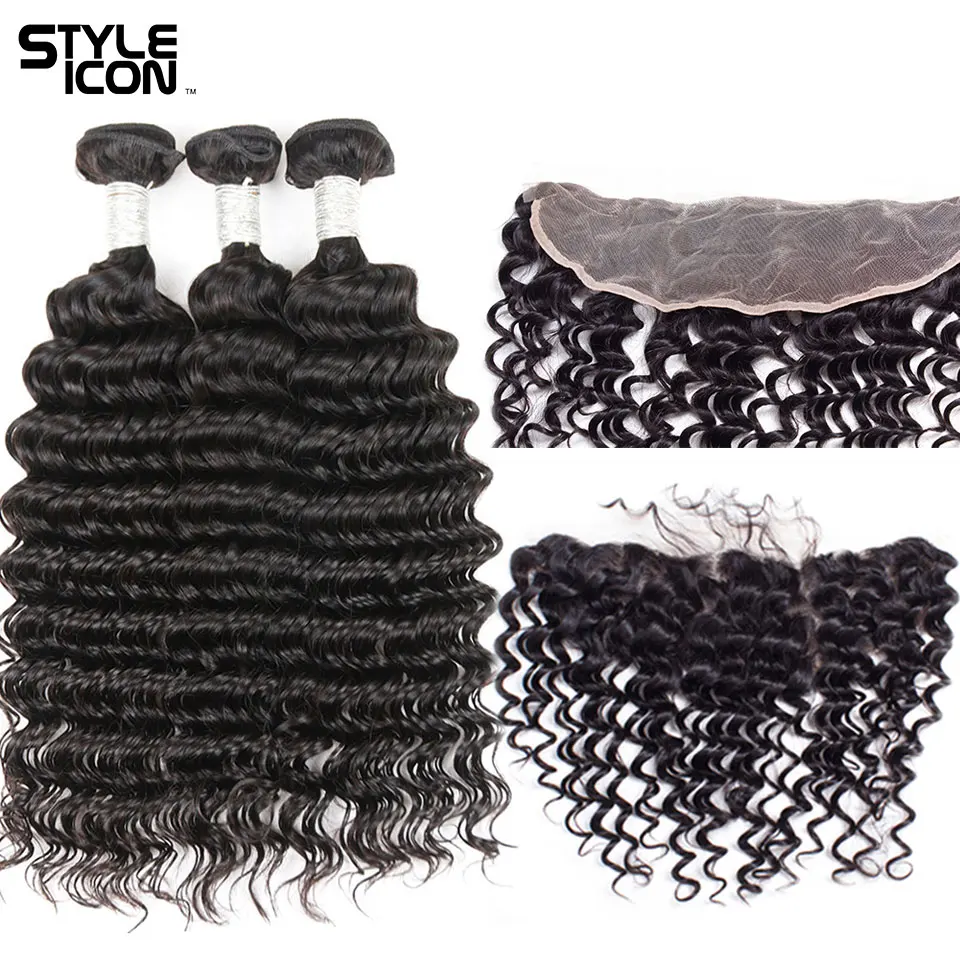

Styleicon Hair 3 Bundles Deep Wave Bundles with Frontal Raw Indian Hair Weaves Non-Remy Human Hair with Closure 130% Density
