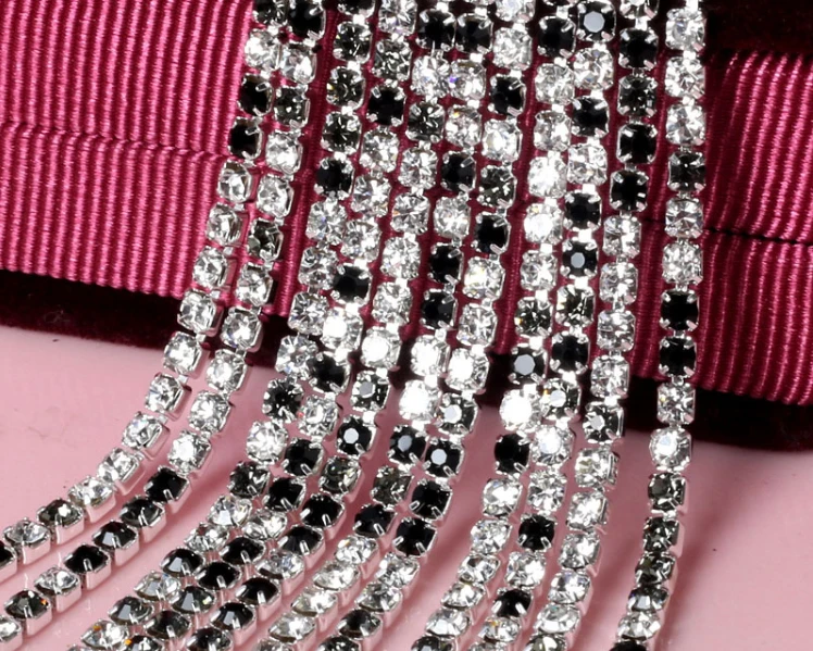 

10 Meters SS12 3mm Color Black+White Diamond Crystals Rhinestones Silver Plated Setting Chain Trim