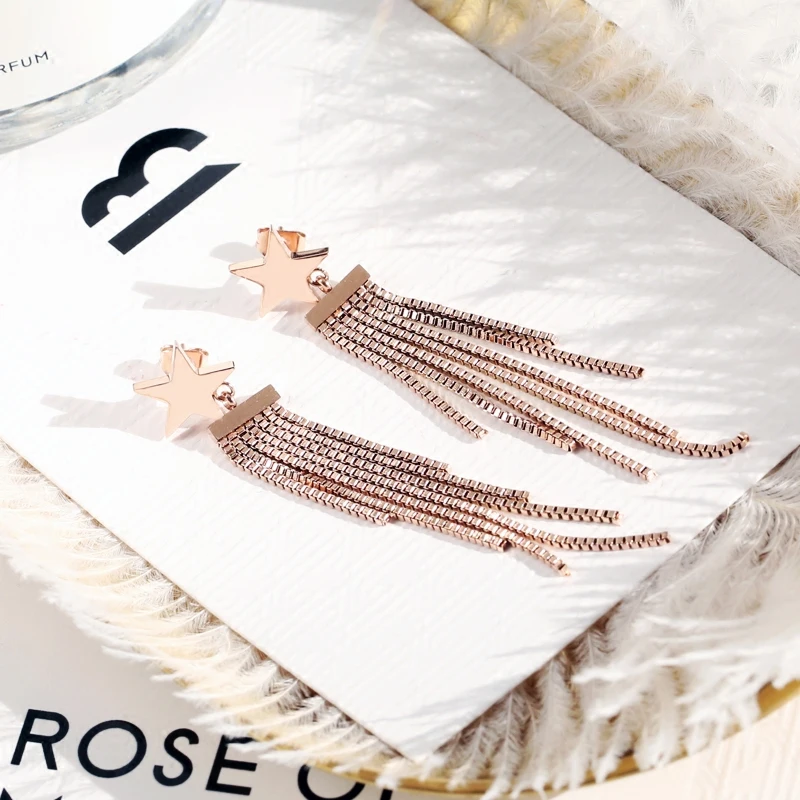 YUN RUO 2019 Fashion Star Tassel Stud Earring Rose Gold Color Woman Birthday Gift Titanium Steel Jewelry Never Fade Drop Ship
YUN RUO 2019 Fashion Star Tassel Stud Earring Rose Gold Color Woman Birthday Gift Titanium Steel Jewelry Never Fade Drop Ship