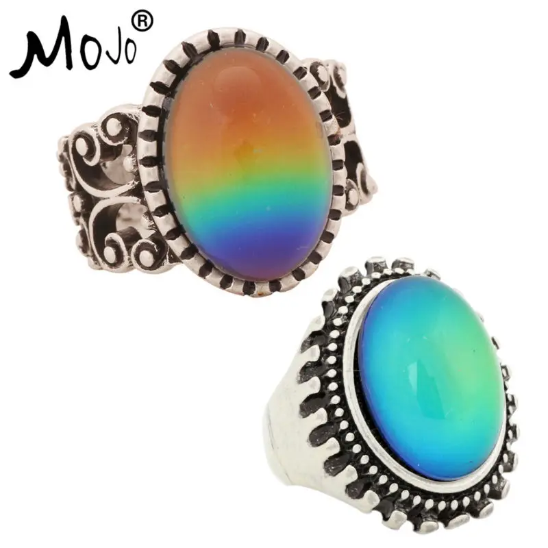 

2PCS Antique Silver Plated Color Changing Mood Rings Changing Color Temperature Emotion Feeling Rings Set For Women/Men 003-016