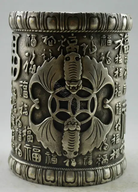 Exquisite Chinese Collectible Decorated Old Tibetan Silver Big Bat Chinese Character Auspicious Brush Pot
Exquisite Chinese Collectible Decorated Old Tibetan Silver Big Bat Chinese Character Auspicious Brush Pot