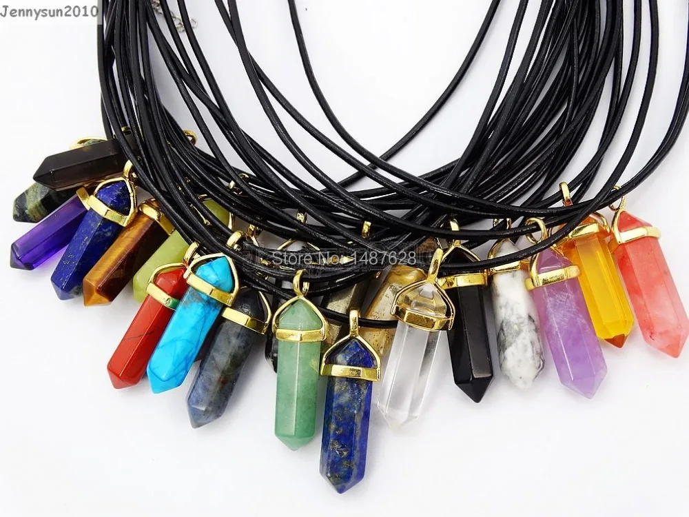 Mixed Natural Gems Stones Hexagonal Pointed Healing Reiki Chakra Gold Pendant with Black Leather Cord Necklace 18'' 5 Sets/pack
Mixed Natural Gems Stones Hexagonal Pointed Healing Reiki Chakra Gold Pendant with Black Leather Cord Necklace 18'' 5 Sets/pack