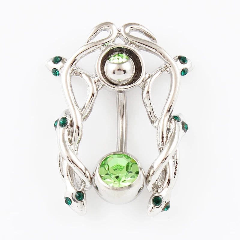Фото Женское кольцо на пупок змеи из нержавеющей стали 14 г с Зелеными камнями не