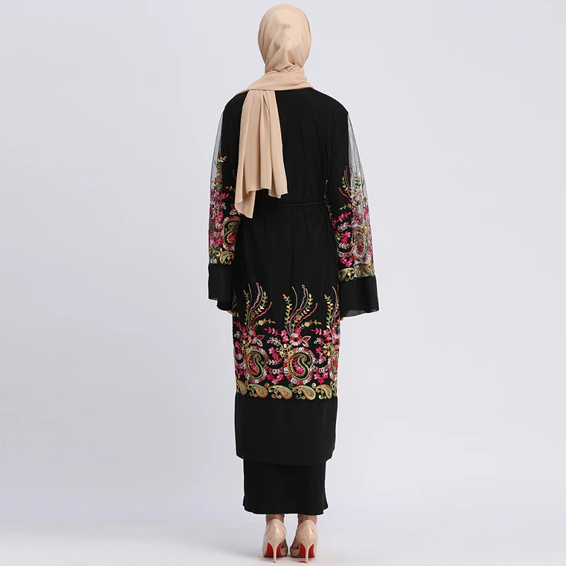 Abaya дубай ислам кафтан с цветочной вышивкой сетчатый кардиган мусульманский