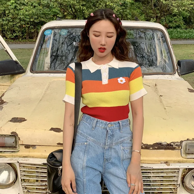 2019 Top Women's Fresh Style Turn-down Collar Contrast Color Striped Short Sleeve Knitted Polo Shirt camisetas verano mujer
2019 Top Women's Fresh Style Turn-down Collar Contrast Color Striped Short Sleeve Knitted Polo Shirt camisetas verano mujer