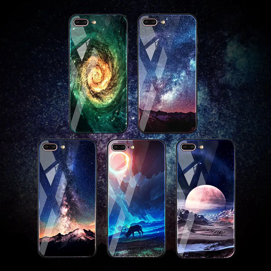 TOMKAS Space Star Case For iPhone X 10 PC+Tempered Glass Patterned 7 6 S 6s 8 Plus Cases Silicone Edge Cover |