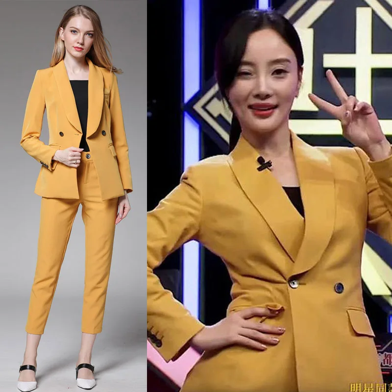high quality Women Work Pant Suits 2Piece Sets Double Breasted yellow Blazer Jacket & Zipper Pant Office Lady Suit Women Outfits
high quality Women Work Pant Suits 2Piece Sets Double Breasted yellow Blazer Jacket & Zipper Pant Office Lady Suit Women Outfits