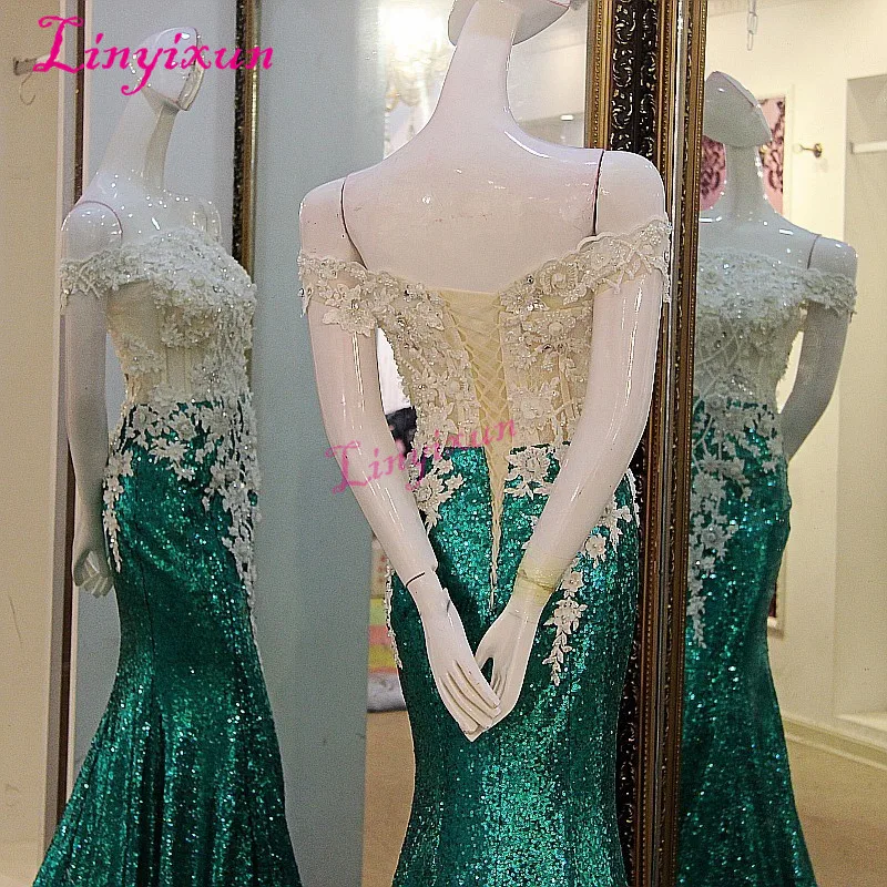 Linyixun Vestido Longo de Festa Green Evening Dresses Beaded Sequined Lace off Shoulder Sheer Neck Mermaid Prom Dress 2018 
Linyixun Vestido Longo de Festa Green Evening Dresses Beaded Sequined Lace off Shoulder Sheer Neck Mermaid Prom Dress 2018