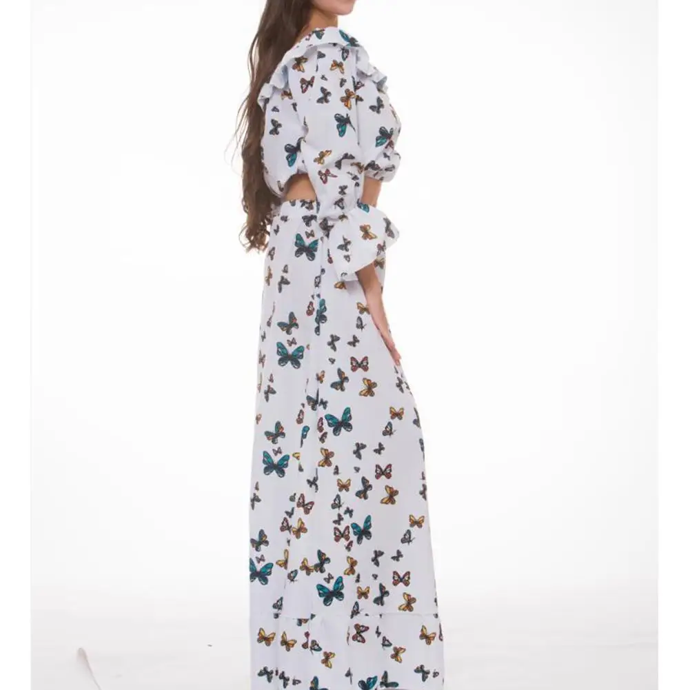 2019 New Yfashion Summer Ladies 2pcs/set Butterfly Print Bohemia Style Casual Large Hem Beach Skirt + Tops Vestidos | Женская одежда