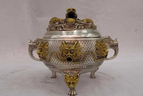 song voge gem S0849 China Buddhism Copper silver Gild fengshui Dragon carved Censer incense burner
song voge gem S0849 China Buddhism Copper silver Gild fengshui Dragon carved Censer incense burner