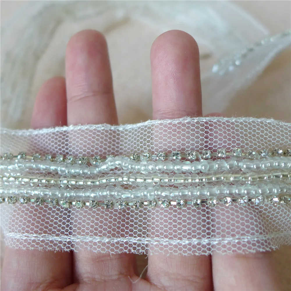 

5.7 Yards Delicate Pearl Beading Wide Lace Fabric Trim With Rhinestone DIY Accessory For Ball Gown, Sewing Patches Free Shipping