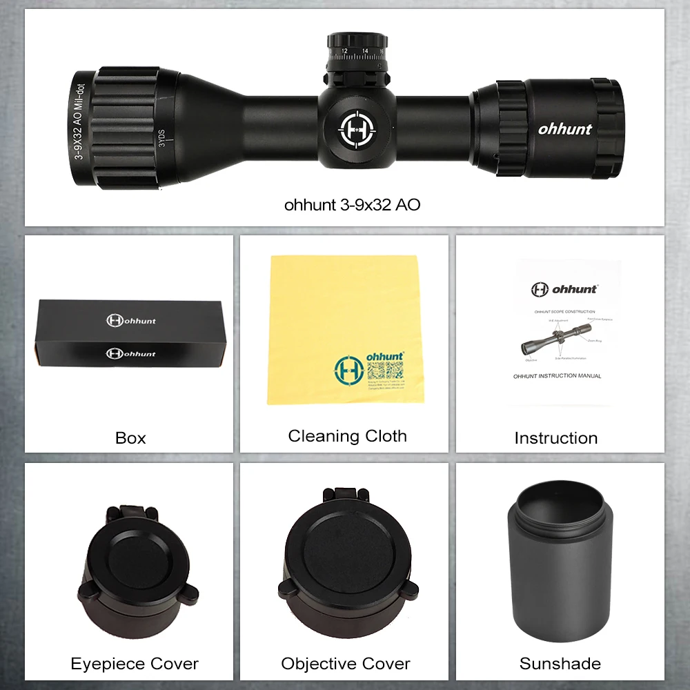 ohhunt 3-9x32 AO Compact Hunting Optics 1/2 Half Mil Dot Reticle Riflescopes Turrets Locking with Sun Shade Tactical Rifle Scope
ohhunt 3-9x32 AO Compact Hunting Optics 1/2 Half Mil Dot Reticle Riflescopes Turrets Locking with Sun Shade Tactical Rifle Scope