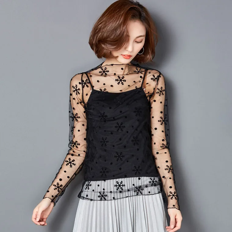 Summer Women Lace Blouses Shirts Women tops Sexy mesh Blouses Shirts See-through Long Sleeve Dot Shirt Blouse Black 08
Summer Women Lace Blouses Shirts Women tops Sexy mesh Blouses Shirts See-through Long Sleeve Dot Shirt Blouse Black 08