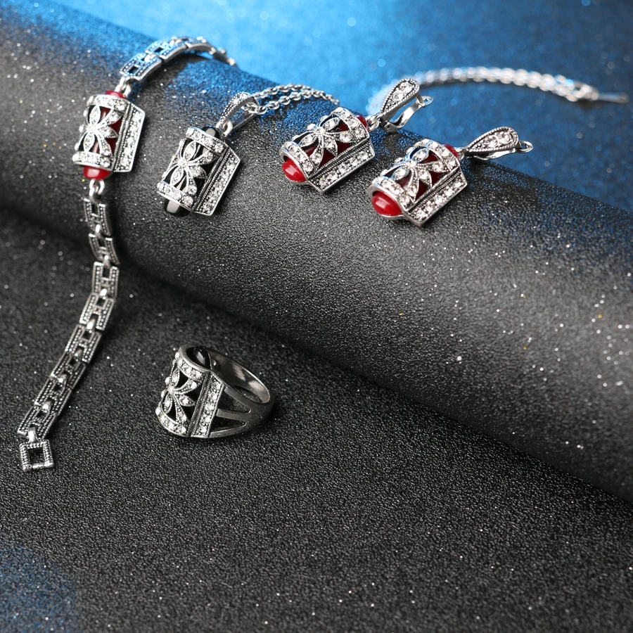 4 Pcs/lot Fashion Antique Silver Color Crystal Ring Necklace Earrings Bracelet Wedding Jewelry Sets Gifts For Women Accessories | Украшения