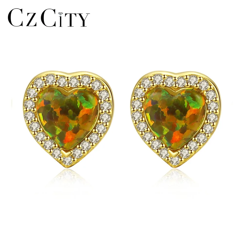 

CZCITY New Elegant Heart Design Opal Stud Earrings for Women Sparkling CZ Wrapped Charming Earrings Silver Jewellery Carving 925