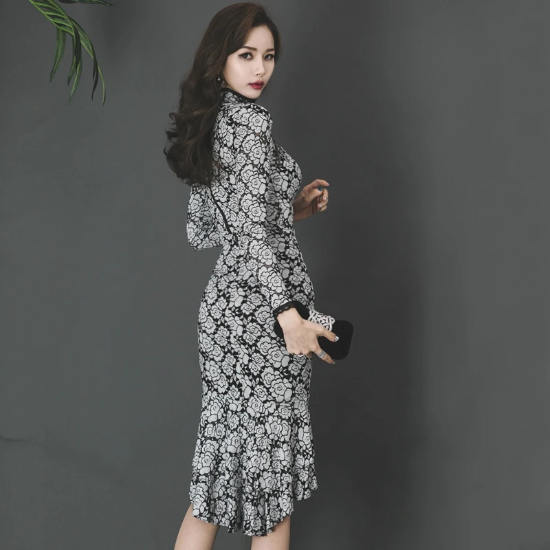 Spring Autumn Korean Fashion Vintage Stand Collar Formal Ruffle Mermaid Lace Dress Women Elegant Long Sleeve Bodycon Dresses
Spring Autumn Korean Fashion Vintage Stand Collar Formal Ruffle Mermaid Lace Dress Women Elegant Long Sleeve Bodycon Dresses