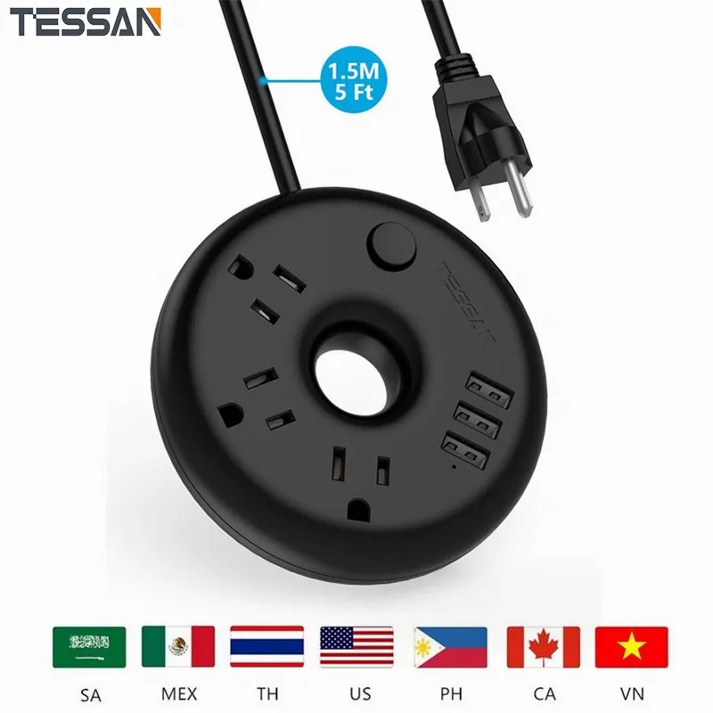 Tessan Зарядное устройство USB Мощность полосы 3 розетки переменного тока и Порты