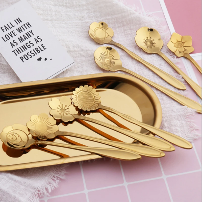 100pcs/lot Japanese style sakura rose sunflower design stainless steel gold color mixing dessert decoration coffee tea spoons
100pcs/lot Japanese style sakura rose sunflower design stainless steel gold color mixing dessert decoration coffee tea spoons