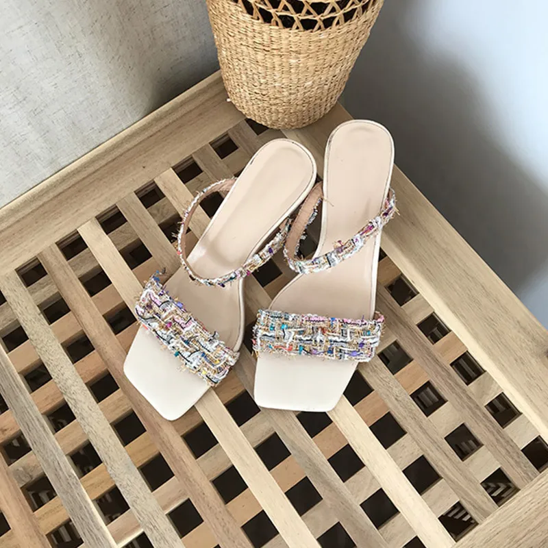 Boussac Mixed Colors Tweed Plaid High Heel Sandals Transparent PVC Women Open Toe Slipper Shoes SWC0634 | Обувь