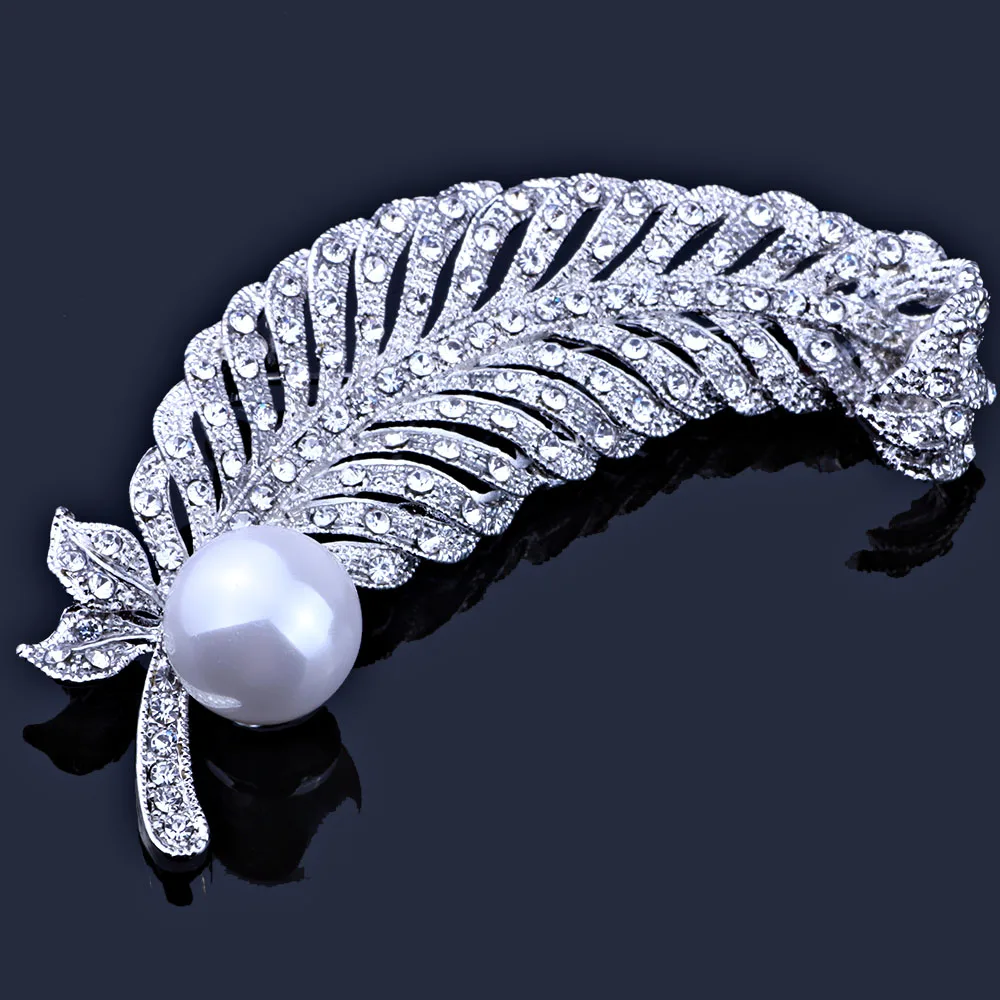 Silver Plated Imitation Pearl Feather Shaped Brooches Pins Trendy Rhinestones Brooch for women
Silver Plated Imitation Pearl Feather Shaped Brooches Pins Trendy Rhinestones Brooch for women