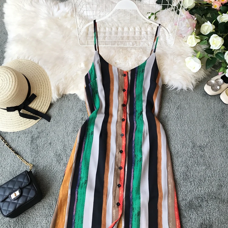 Women's summer vintage sleeveless backless striped chiffon dress female casual medium long chic beach vacation dress TB1202
Women's summer vintage sleeveless backless striped chiffon dress female casual medium long chic beach vacation dress TB1202