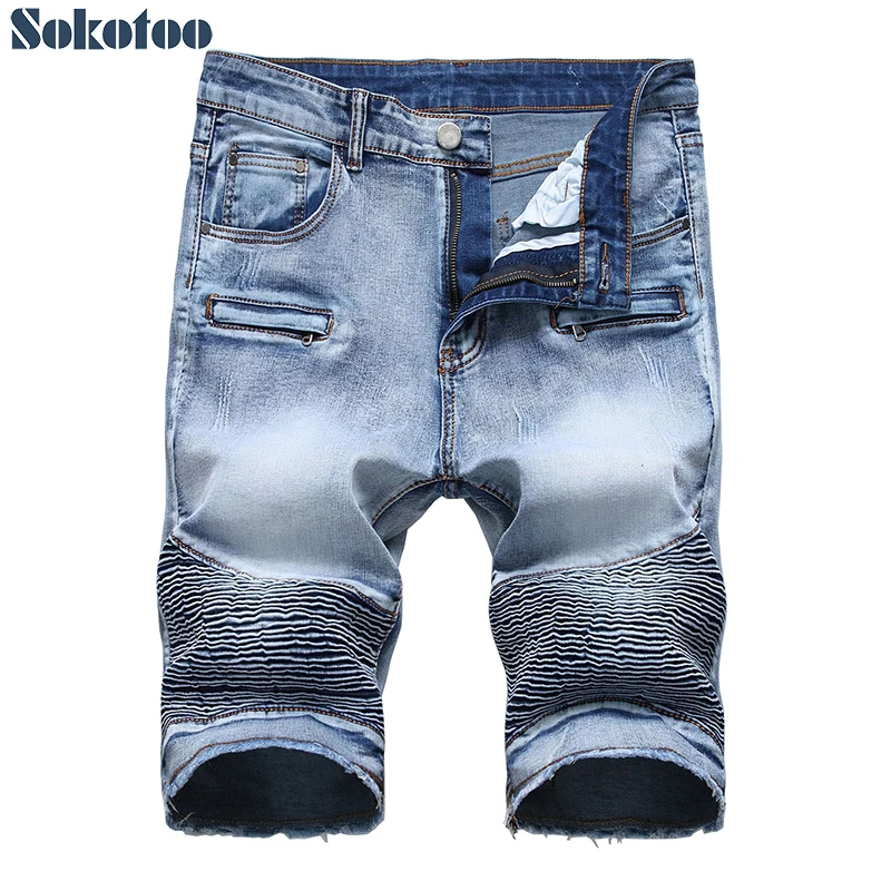 Men's light blue slim straight stretch denim biker shorts fot moto Plus big size pleated fringe jeans Summer Capri
Men's light blue slim straight stretch denim biker shorts fot moto Plus big size pleated fringe jeans Summer Capri