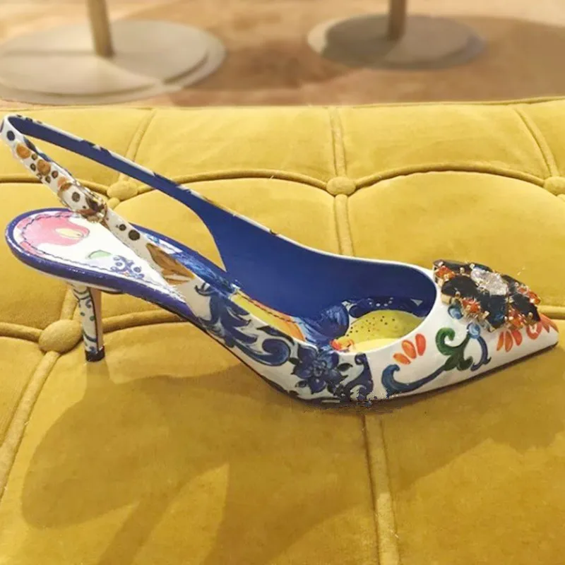 New 2019 retro print rhinestone pointed toe high heeled pumps Fashion women's vintage heels shoes EU35-41 size BY682 | Обувь