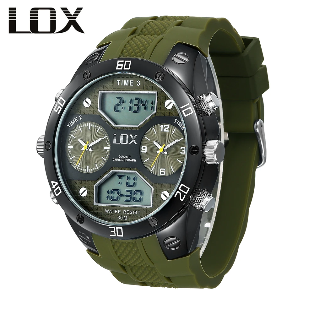 LOX Men Sports 3 Times Analog Digital Watch Dual Display Multifunction Quartz Wristwatches Outdoor Fun Military Montre Homme
LOX Men Sports 3 Times Analog Digital Watch Dual Display Multifunction Quartz Wristwatches Outdoor Fun Military Montre Homme