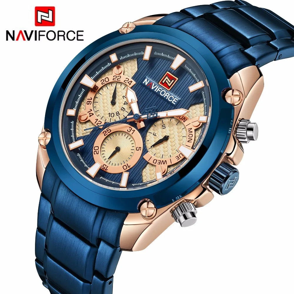 Top Brand NAVIFORCE Luxury Blue Gold Watches Men Fashion Sport Quartz Watches Full Steel Waterproof Watch Relogio Masculino 9113
Top Brand NAVIFORCE Luxury Blue Gold Watches Men Fashion Sport Quartz Watches Full Steel Waterproof Watch Relogio Masculino 9113