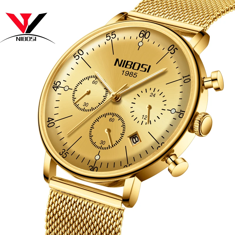 

Relogio Masculino NIBOSI Golden Wrist Watch Chronograph Men Watches Mesh Band Fashion Dress Analog Quartz-watch Male Clock 2018