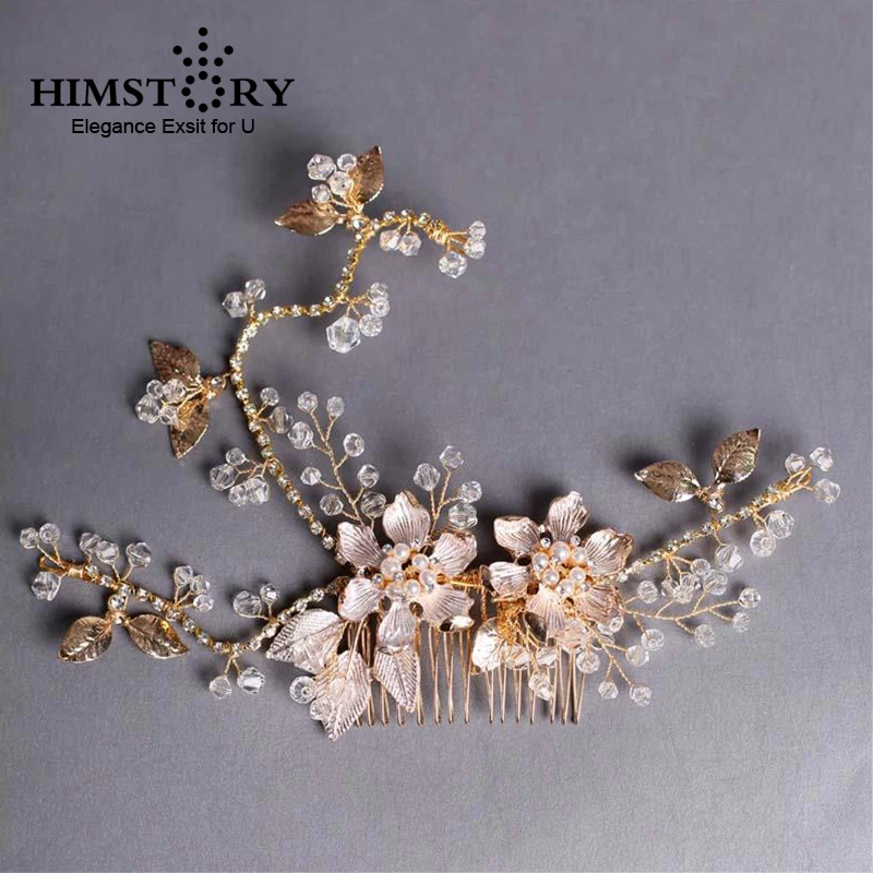 

Floria Hair Vine Golden Leaves Tiara Haircomb Wedding Hair Accessories Crystal Hair Clip Bridal Headpiece Party Hair Ornament