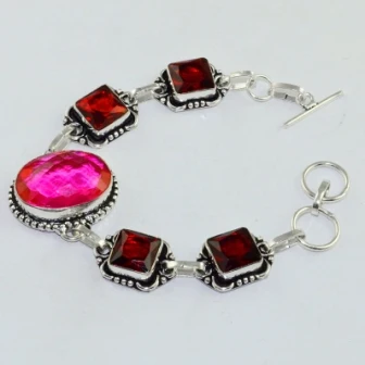 Pink Topas & Garnets Silver Overlay on Copper Bracelet , 19.3 cm, B1725