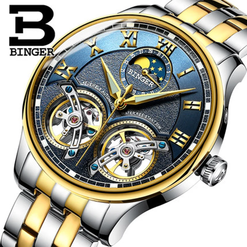 

Мужские часы BINGER, механические, автоматические, водонепроницаемые, полностью стальные, с двойным турбийоном