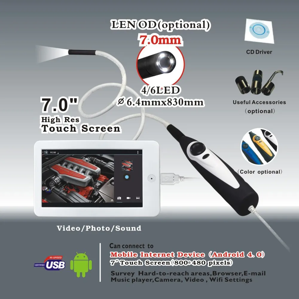 Handheld USB Video Inspection Borescope Endoscope 830mm Flexible Tube 7mm Waterproof Camera Head with 7 inch Android Monitor
Handheld USB Video Inspection Borescope Endoscope 830mm Flexible Tube 7mm Waterproof Camera Head with 7 inch Android Monitor