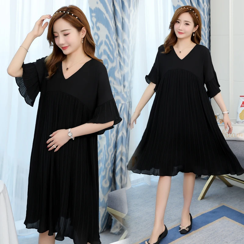 5305# 3XL V Neck Pleated Chiffon Maternity Dress 2019 Summer Korean Fashion Loose Clothes for Pregnant Women Pregnancy Clothing | Мать и