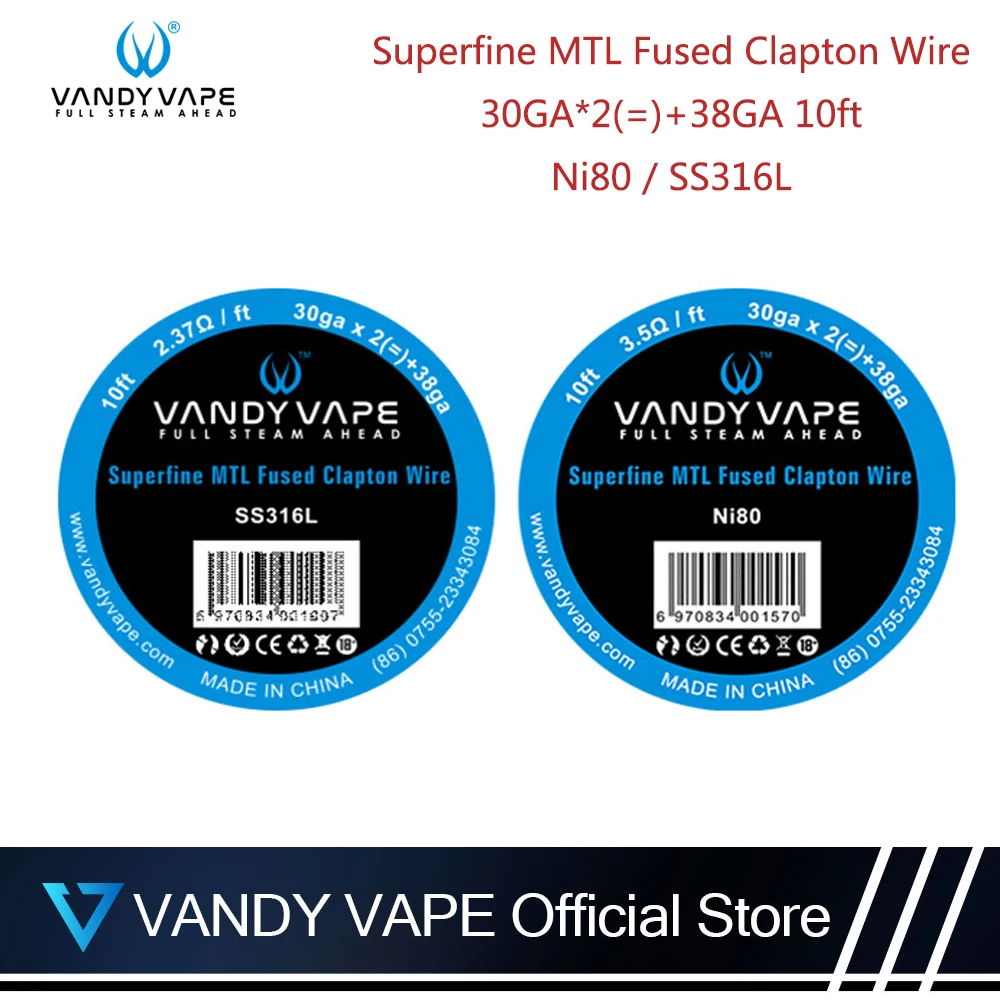 Оригинальная электронная сигарета Vandy vape Superfine MTL Fused Clapton SS316L/NI80 Wire 30ga * 2 + 38ga 10ft 30gA