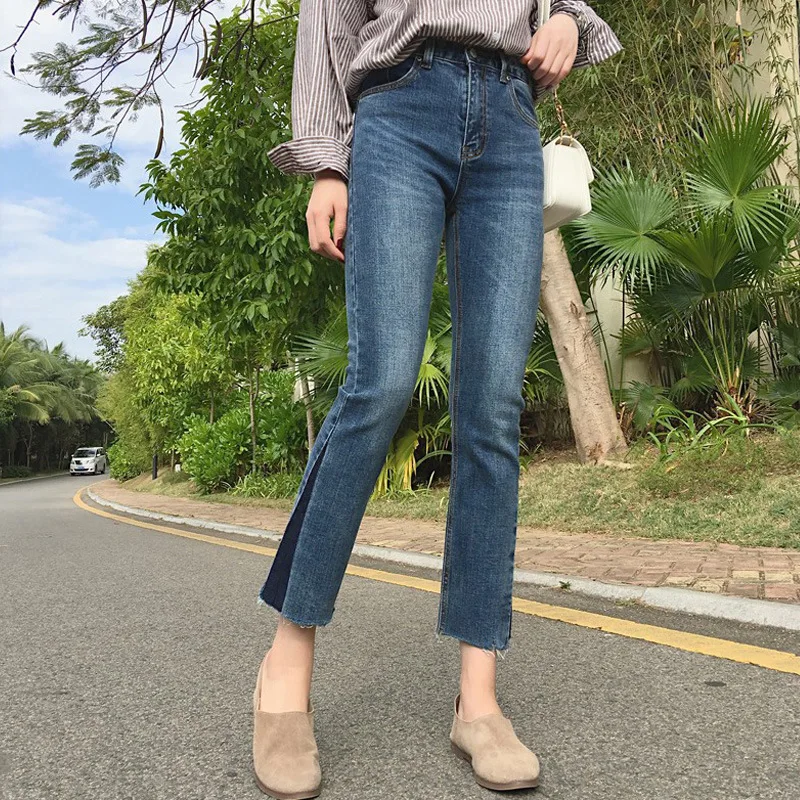 2018 Облегающие расклешенные джинсы женские осенние модные эластичные с высокой