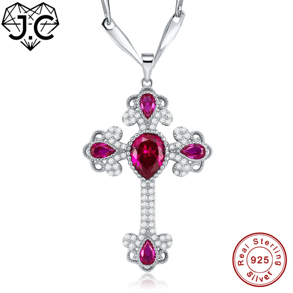 

J.C Cross Design Ruby & White Topaz Solid 925 Sterling Silver Pendant Fine Jewelry for Women Dating Excellent Necklace