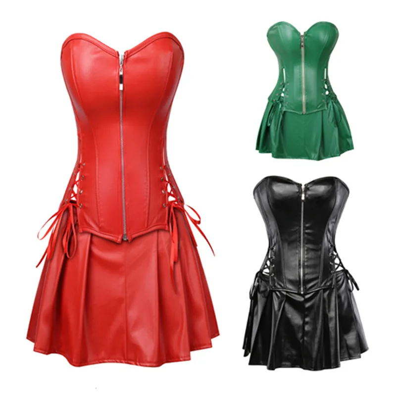 Plus Size Lingerie Zipper PU Leather Corset Bustier Dress Set Overbust Sexy Lingerie Women Lace Up Corselet Tops Skirt Thong
Plus Size Lingerie Zipper PU Leather Corset Bustier Dress Set Overbust Sexy Lingerie Women Lace Up Corselet Tops Skirt Thong