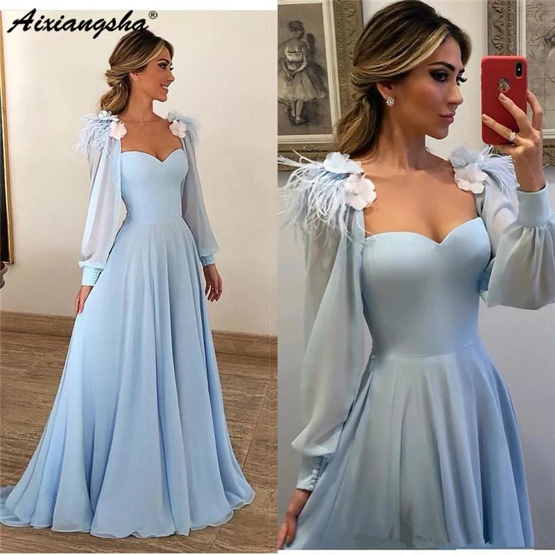 Illusion O Neck Sky Blue Feather Evening Dresses Feather Flowers Puffy Long Sleeves Prom Gown robe de soiree
Illusion O Neck Sky Blue Feather Evening Dresses Feather Flowers Puffy Long Sleeves Prom Gown robe de soiree