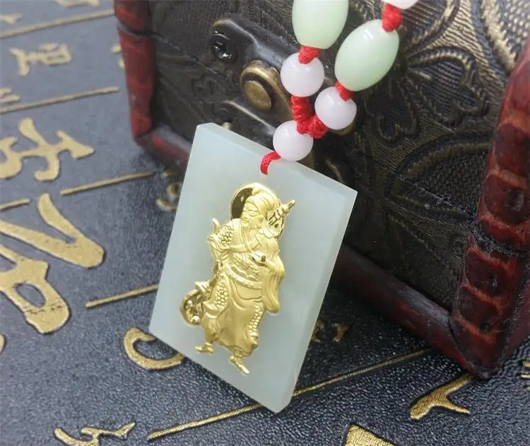 Natural hetian jade gold guan gong pendant necklace brother love male jewelry gift amulet